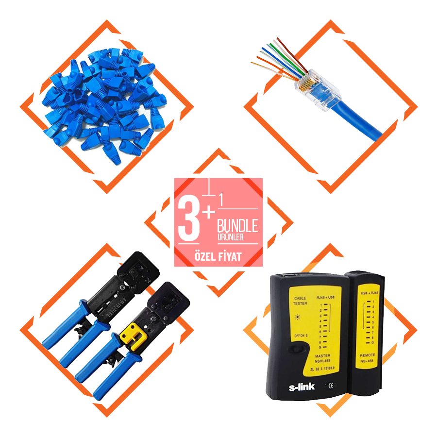 BUNDLE-RJ45-PENSE-KONN-TC BUNDLE Yeni Nesil RJ45 Konnektör + Kılıf + Yeni Nesil Pense + Test Cihazı